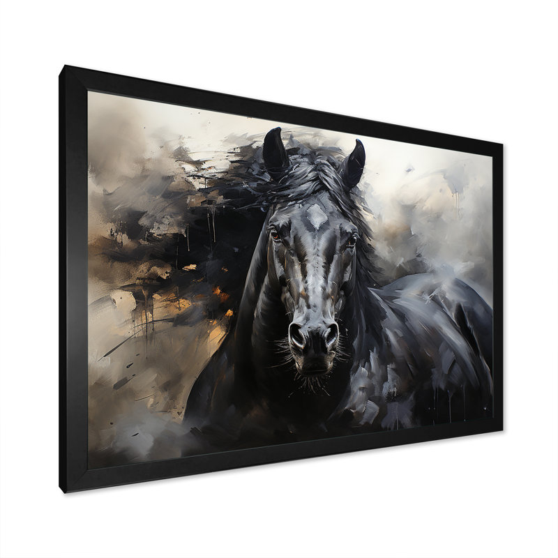 Black Stallion In Motion - Horse Framed Prints, 34" H x 44" W, Black Picture Framed