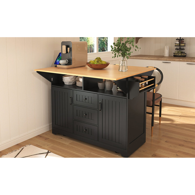 55.7" Kitchen Island With 2 Drop Leaf, Rolling Cart, Electrical Outlet, Folding Dining Table, 3 Drawers, Storage Option, Black Power Table For Different Needs,