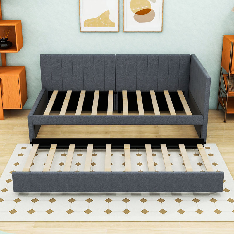 Linen Upholstered Daybed with Twin Trundle, Gray, Twin