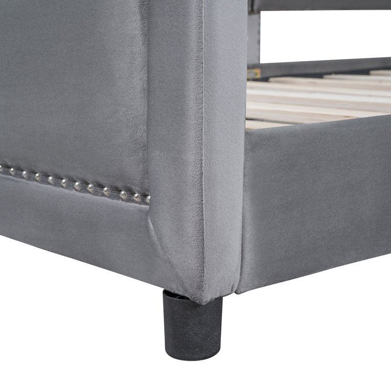 Lit de jour simple tapissier avec tête de lit à rayures classique, gris, Gris