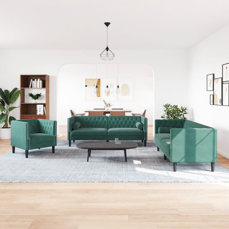  Ensemble de canapé Chesterfield 3 places en velours vert foncé, Vert foncé