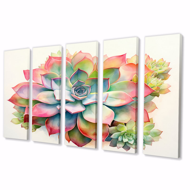 «Blossoming Succulent Tender Retro Pink I», reproduction d'art murale succulente - 5 panneaux égaux