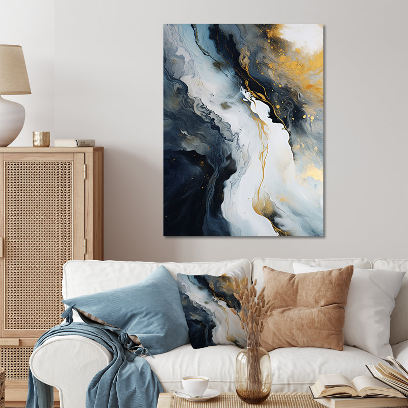Or et bleu, peinture abstraite sur marbre III - décoration murale en marbre, H 32 po x l 24 po x P 1 po
