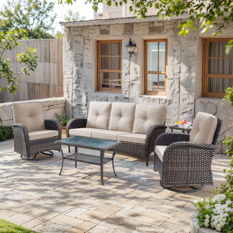 Aristil 5-Person PE Wicker Outdoor Patio Conversation Set With Cushions And Coffee Table, Beige