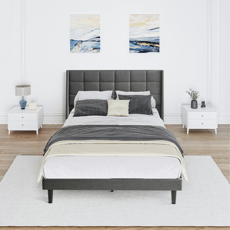 Grand lit tapissier en lin gris foncé - cadre plateforme avec tête de lit moderne, sans sommier, support à lattes de bois, lin facile à assembler, ressort requis, assemblage, poids de 600 lb