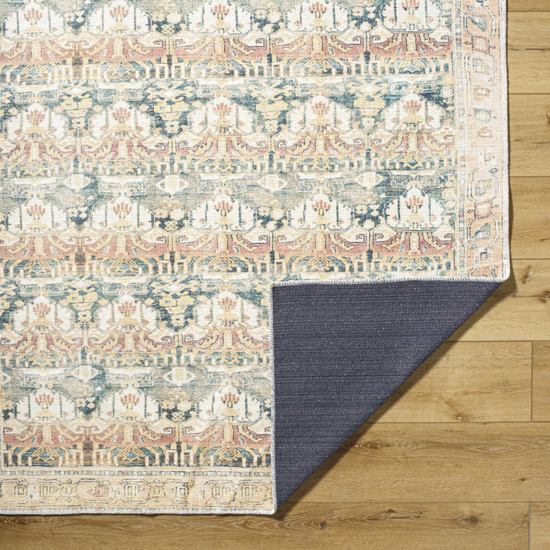Alburgh Oriental Machine Woven Polyester Area Rug in White/Teal/Orange, Rectangle 6'7" x 9'