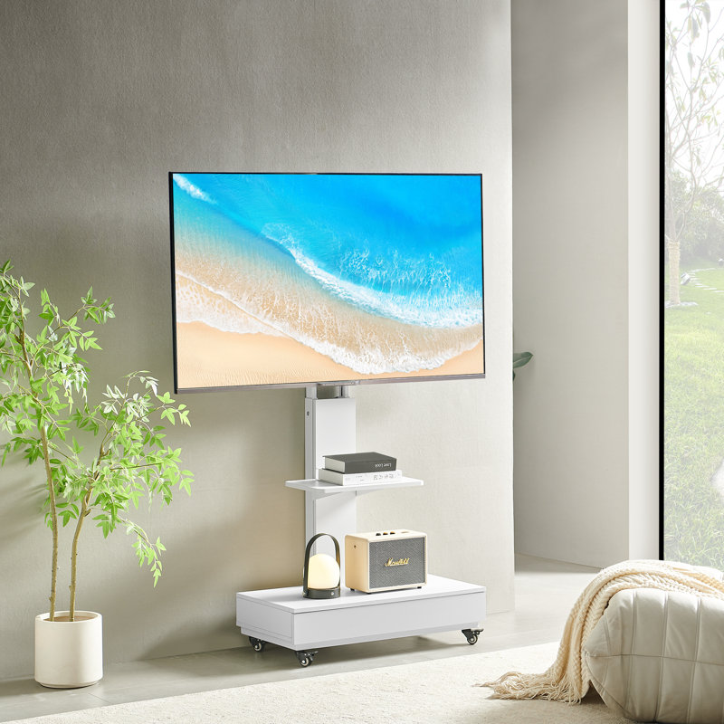Tv Stand With Push-Pull Drawer For Living Room, Bedroom,Offices,Adjustable Height Mobile Tv Cart For 32-75 Inches,Wood &Glass Tv Stand With Wheels