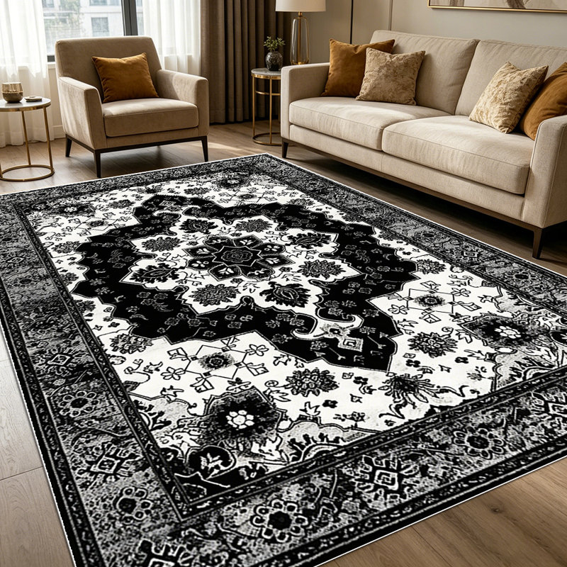 1PC Black and White Vintage Persian Floral Geometric area rugs for Living Room, Soft and Comfortable, Suitable for all seasons, easy-to-maintain, machine washable Indoor floor mat, Under Table Farmhouse suitable for dining area, entryway, bedroom.