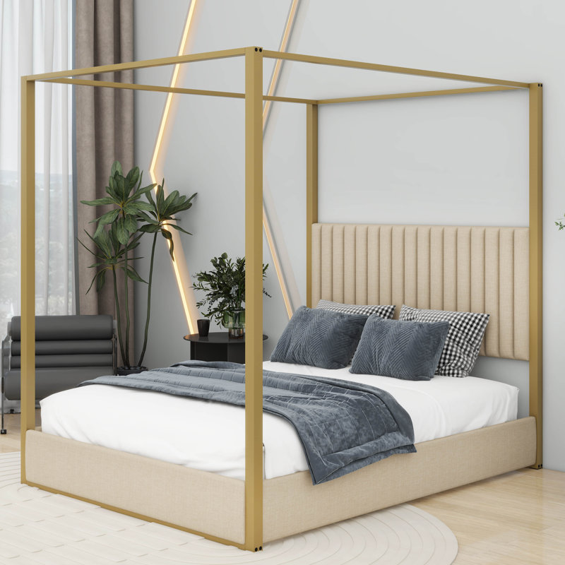 Emenie Queen Size Metal Canopy Platform Bed with Twin Size Trundle and 3 Drawers, Walnut