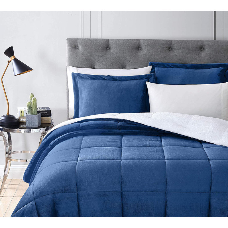 3-Piece Micromink And Sherpa Reversible Comforter Set, Queen Comforter + 2 Standard Shams, Navy/White