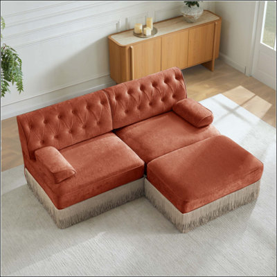 L-Shaped Breathable Comfort Velvet Fabric,Tassel Skirt Chesterfield Sofa ,Free Combination,Slightly Curved Square Armrests,Premium Wooden Base ,Easy To Assemble,For Living Room,Bedroom