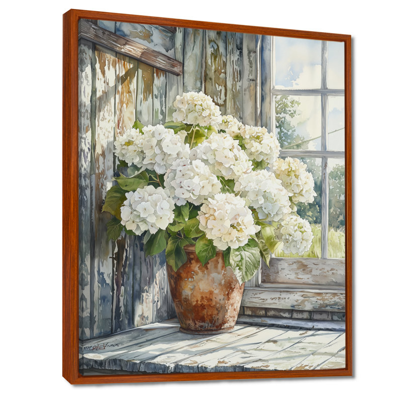 Grange hortensias dans la brise de l'été - art mural hortensias, H 20 po x l 12 po, Impression encadrée flottante, Brun