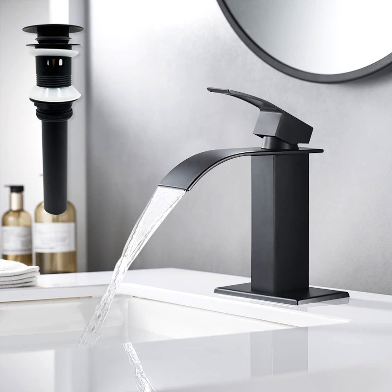 Single Handle Waterfall Bathroom Faucet With Pop-up Drain, Matte Black