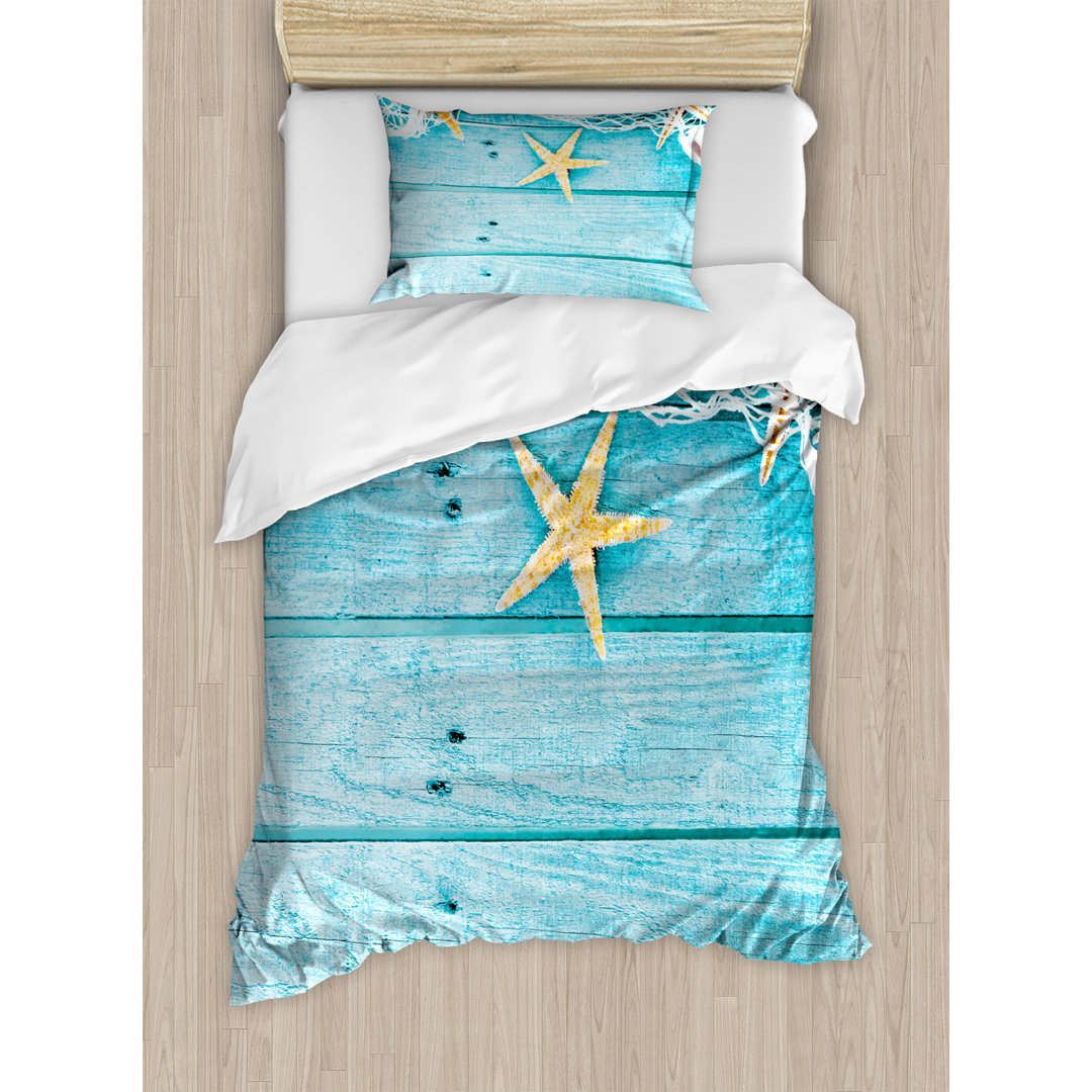 Starfish Rustic Wood Boards Fishing Net and Ocean Animals Nautical Print Duvet Cover Set Ambesonne 