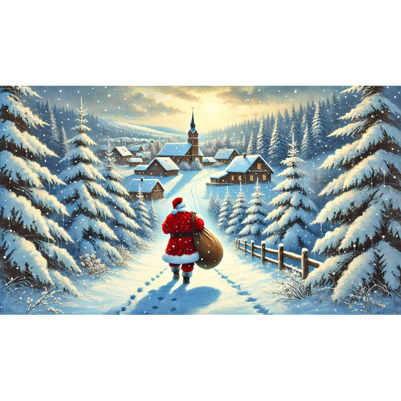 «Santa's Twilight Trek: Snow-Covered Village at Dusk», art sur toile, H 20 po x l 35 po