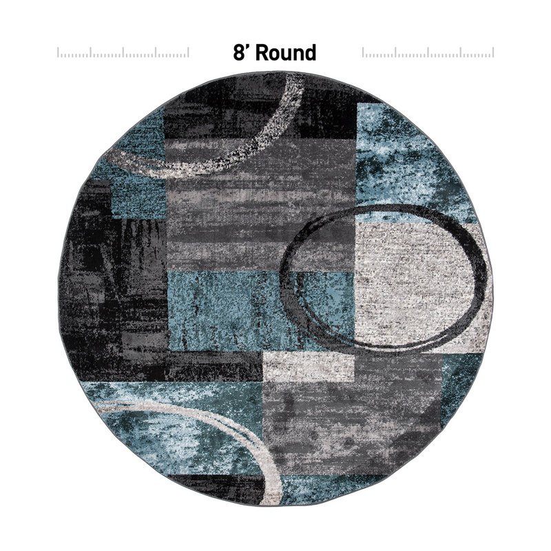 Tapis moderne performance gris, ivoire et bleu à motif abstrait Fanton, Rond 8 pi, Bleu/gris