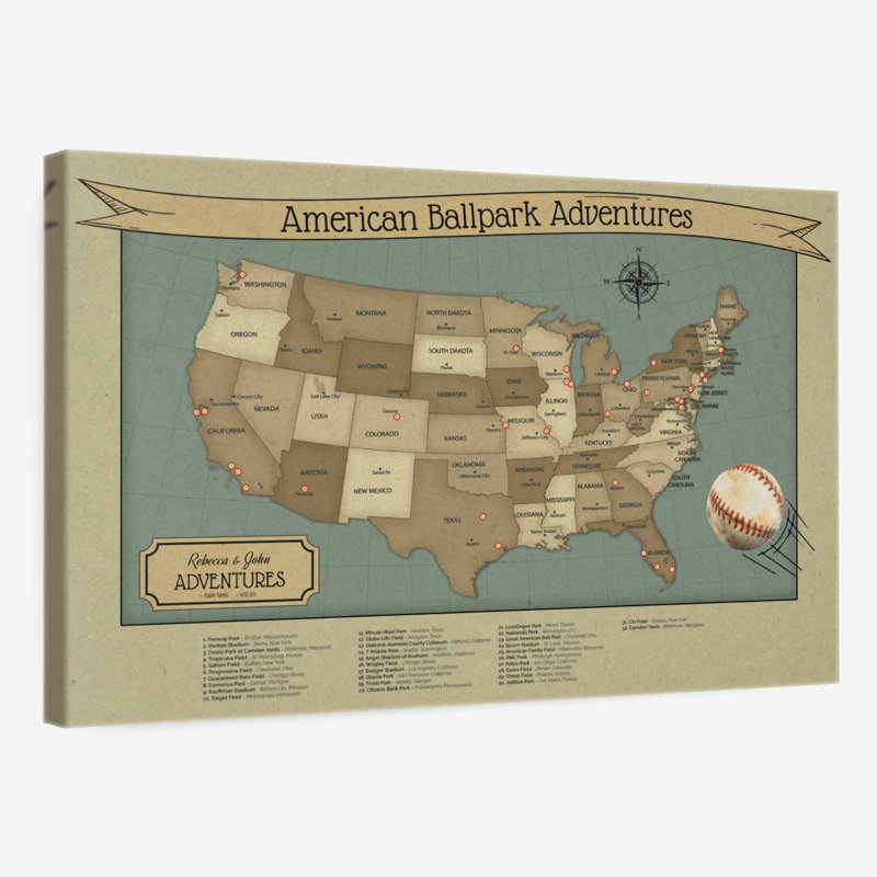 Personalized Baseball Push Pin Hobby Map II, 20" H x 30" W, Yes