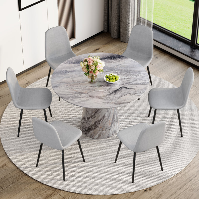 45'' Round Dining Table Set With 4/6 Upholstered Chairs, Light Gray, 7 Pieces: Table, 6 Chairs