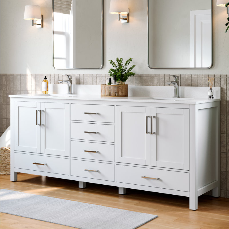 Meuble-lavabo autoportant moderne de 80 po avec lavabo double avec comptoir en marbre de culture, lavabo en céramique blanche, six tiroirs et deux armoires de rangement en bois massif, blanc