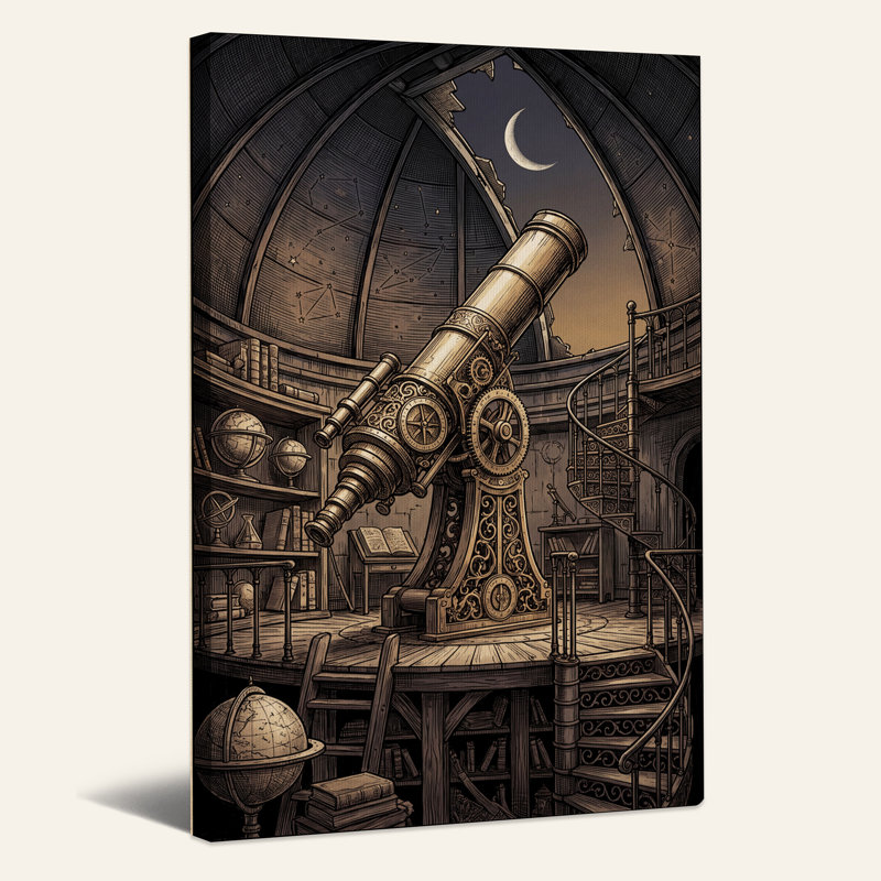 Télescope en laiton sous le dôme de l'observatoire, sous une toile murale d'Halloween, 48"H x 32"W