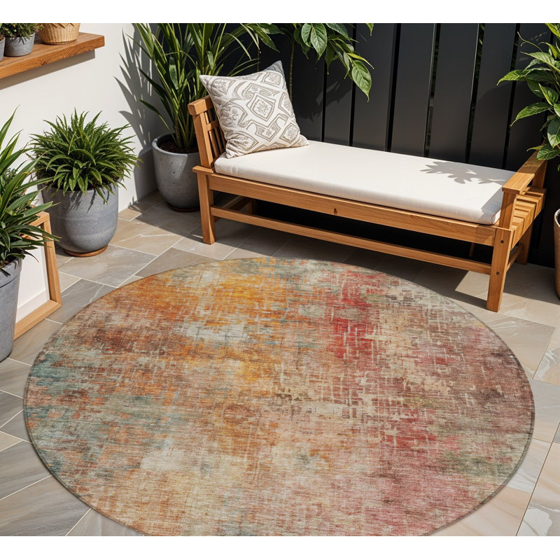 Tapis extérieur rond lavable abstrait en cuivre et terre cuite 8 pi 8 po