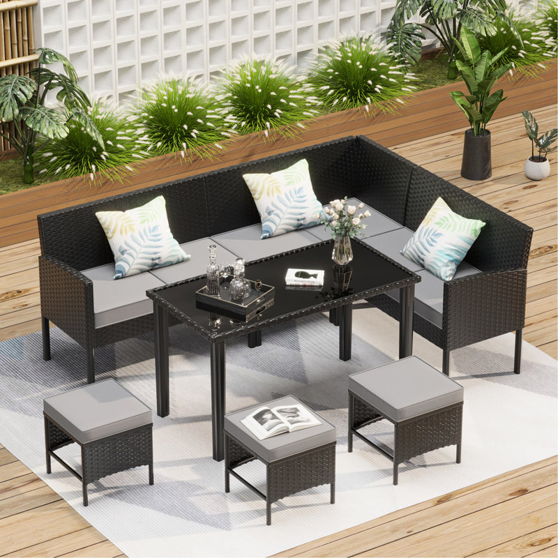 7 meubles de patio avec conception ergonomique à haut dossier, coussins de siège imperméables, table en verre, toutes saisons, bleu et gris pour une utilisation en plein air dans la cour