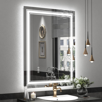 Miroir de salle de bain à DEL avec lumières - Miroir de salle de bain illuminé anti-buée à intensité variable, conception incassable, double éclairage (rétro-éclairé et avant), homologué ETL