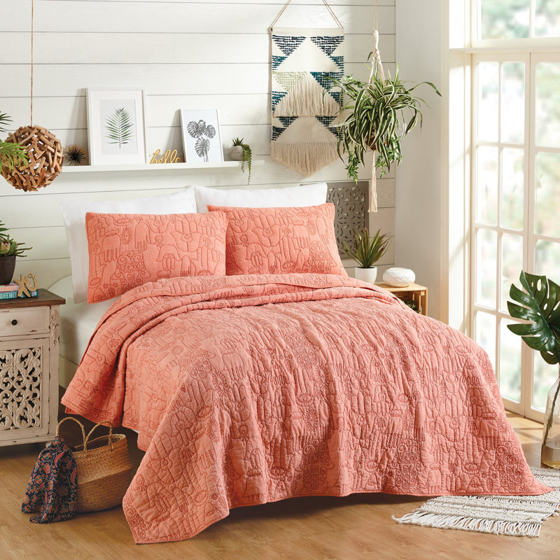 Ensemble de courtepointe 3 pièces Hamsa, Courtepointe grand + 2 couvre-oreillers standard, Rosé