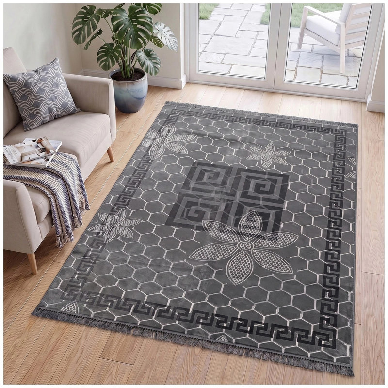 Rectangle Geometric Shapes Washable Area Rug, CHARCOAL, Rectangle 160 x 230 cm