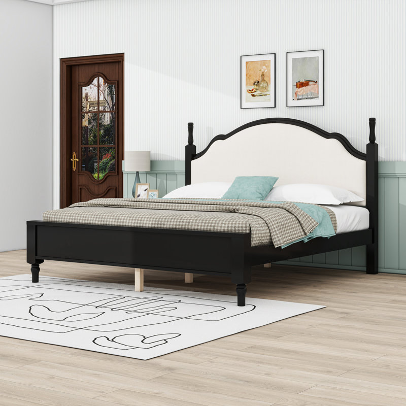Wooden Platform Bed with Headboard and Slats, Black/Beige, King