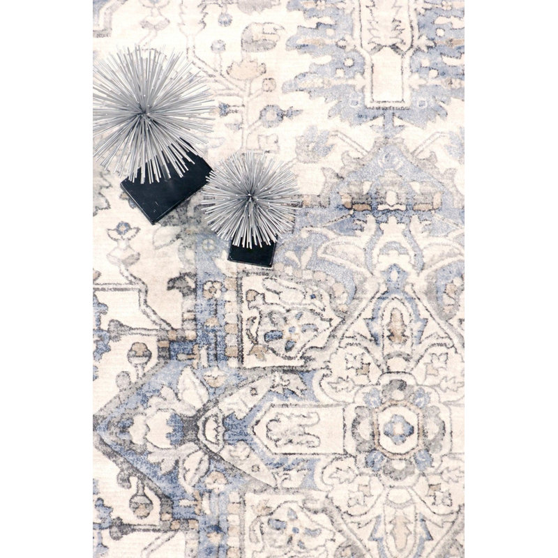 Tapis oriental en polyester tissé à la machine tissé à la machine / rectangulaire bleu marine / ivoire / beige 8 pi x 10 pi