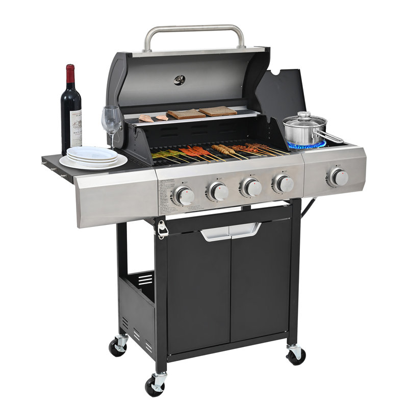 Barbecue au propane à 4 brûleurs avec brûleur latéral et couvercle, barbecue en acier inoxydable pour l'extérieur
