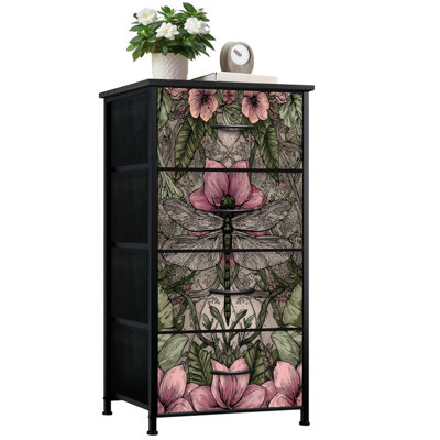 Commode pour chambre à coucher avec 4 tiroirs de rangement Vintage 3D texturé vert foncé Libellule fleurs tirées à la main Commode commode en acier avec structure en acier pour vestibule