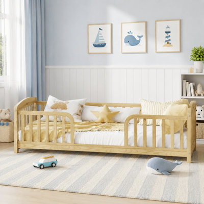 Twin Size Solid Wood Kids Floor Platform Bed for Toddler Bed Transition with Fence, No Door Included