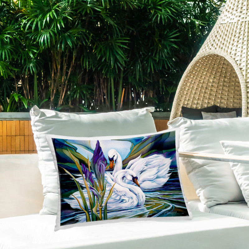 Coussin d'extérieur Swans with Abstract Pond Ripples par Jody Bergsma