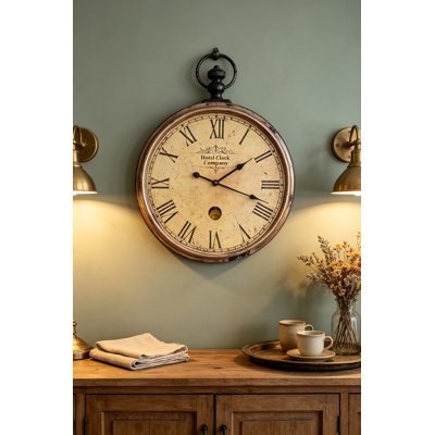 Vintage Beige Round MDF Wall Clock with Pendulum, Roman Numeral Antique Distressed Wall Clock, Parisian Cafe Style Decor Clock