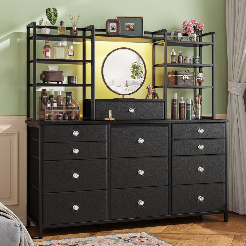 Commode de rangement en tissu à 12 tiroirs avec coiffeuse et éclairage DEL pour l'organisation de la chambre à coucher, Noir