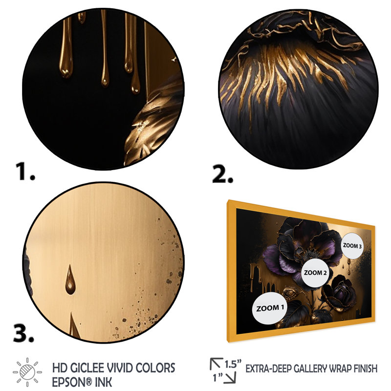 «Black and Gold Violets II» - art mural violet pour le salon, Cadre doré simple, H 30 po x l 40 po x P 1,5 po
