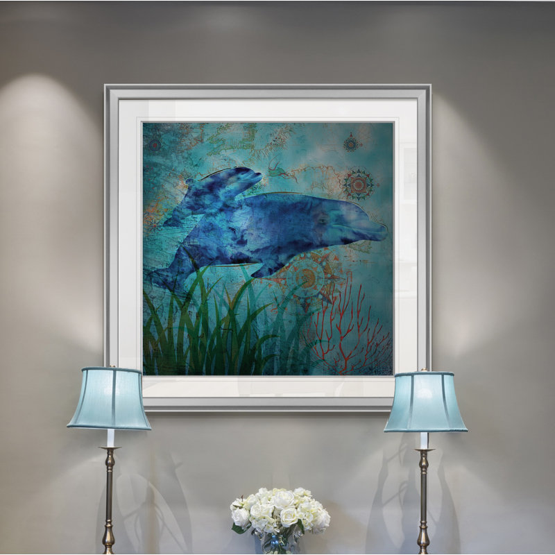 « deep sea dauphins », peinture, Encadrement argenté, H 16 po x l 16 po x P 1,5 po