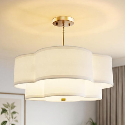 Lustre de 45 cm (18 po), suspension dorée à 3 lumières avec abat-jour double couche en tissu blanc en forme de trèfle, lustre à double tambour pour salle à manger, cuisine, salon ou chambre.