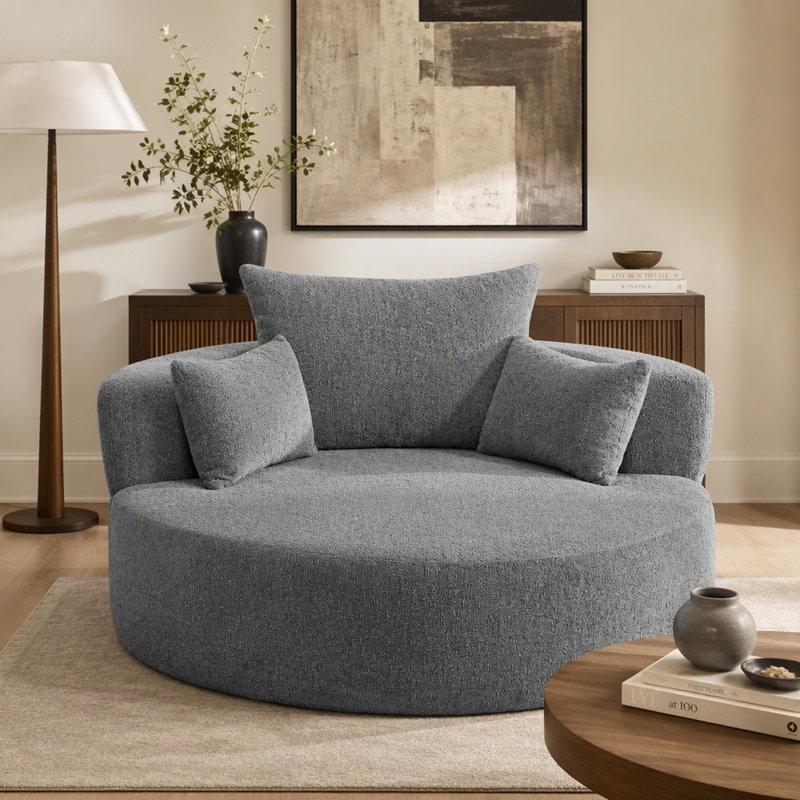 Fauteuil d'appoint en chenille pivotant à 360 ° Chunni avec coussins amovibles, H 35,5 po x l 56,3 po x P 56,3 po, Gris