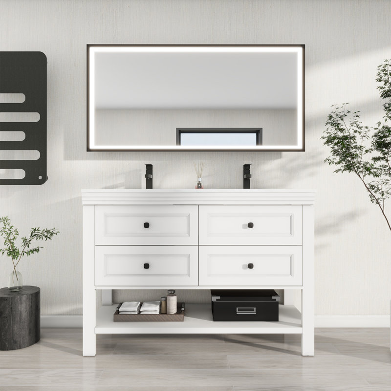 Sharee 48“ Double Sink Bathroom Vanity With Resin Countertop, Zinc Alloy Faucet, 4 Smooth Drawers 1 Open Shelf, White