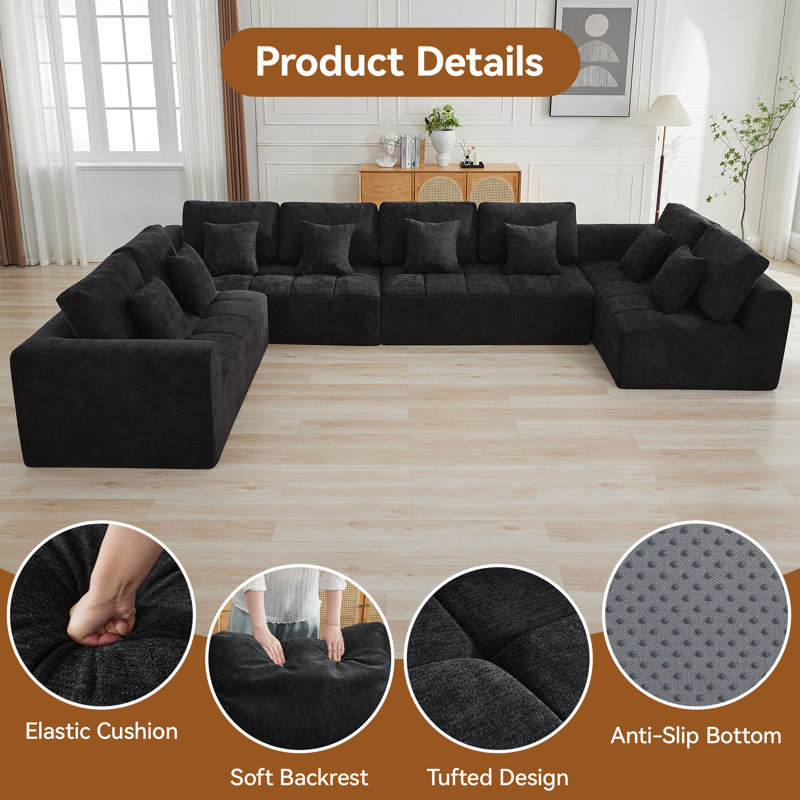 Canapé modulaire surdimensionné de 152,2 po Boneless, Chenille noir