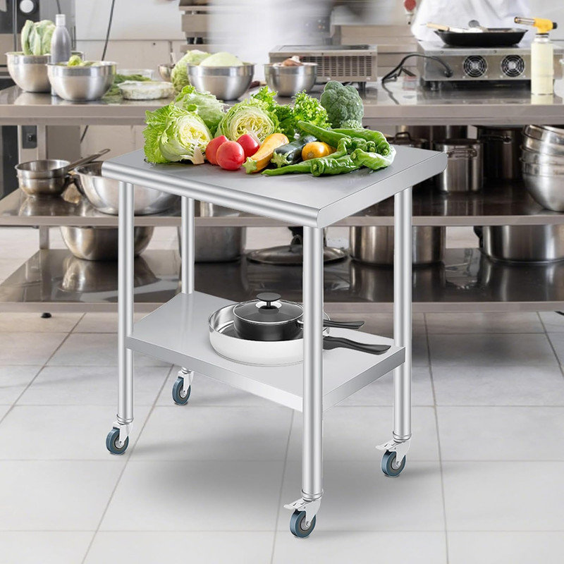 Table de préparation en acier inoxydable avec dosseret, tablette inférieure réglable et 4 roulettes, robuste