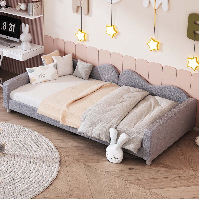 Lit de jour rembourré, canapé-lit en tissu sherpa avec dossier en forme de nuage, aucun sommier nécessaire, Lit simple, Gris