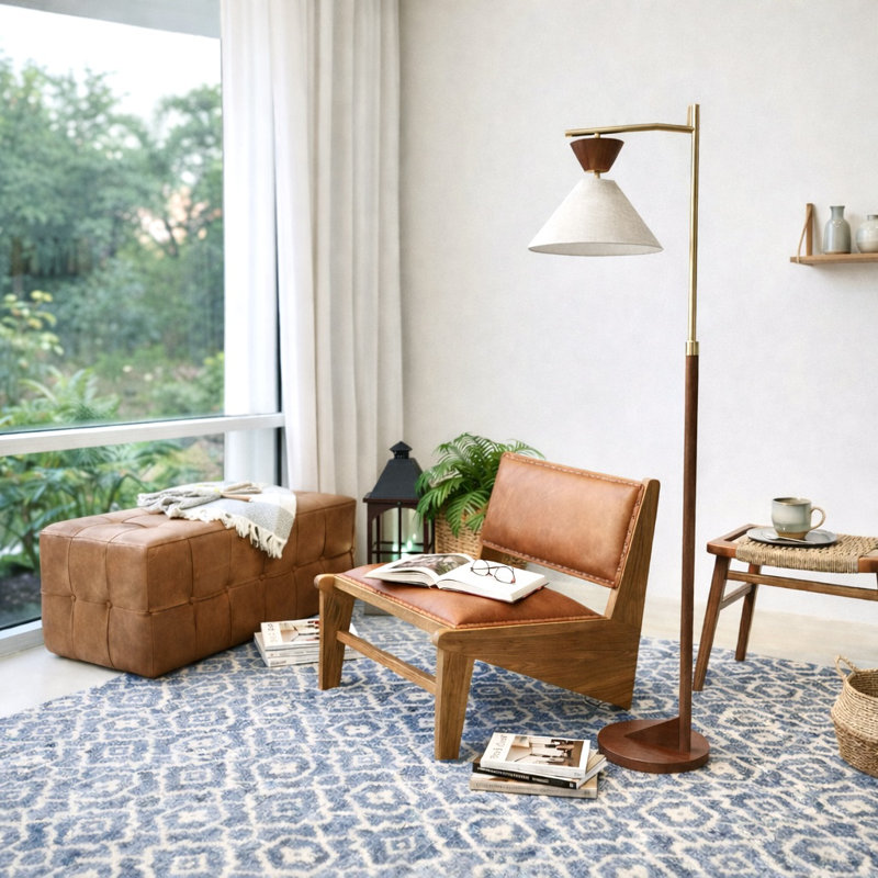 Mid-Century Modern Walnut Cantilever Floor Lamp, Brass Adjustable Swing Arm Standing Lamp with Linen Cone Shade, Task Reading Floor Lamp for Living Room Bedroom Study