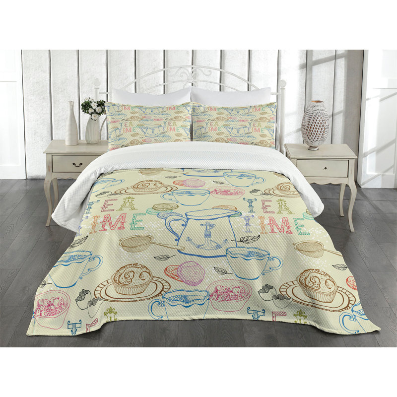 Ambesonne Tea Party Bedspread Sketchy Pattern Creamy Multicolor, King Coverlet/Bedspread + 2 Pillow Shams