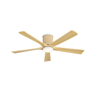 54 In. 5 Solid Blades Woven Rattan Cover Indoor Flush Mount Ceiling Fan With Integrated Led And Remote
