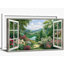  Décor de photos de printemps pittoresque, art mural sur toile de paysage de fenêtre ouverte, décor d'art de paysage d'arbre naturel, grande peinture panoramique vue sur la forêt pour le salon, 24 x 48 pouces