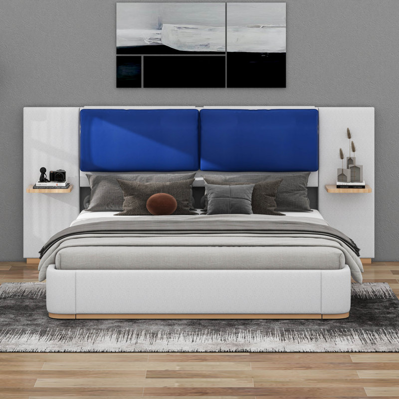 Lit plateforme tapissier avec panneau, coins arrondis doux anti-collision, Grand, gris